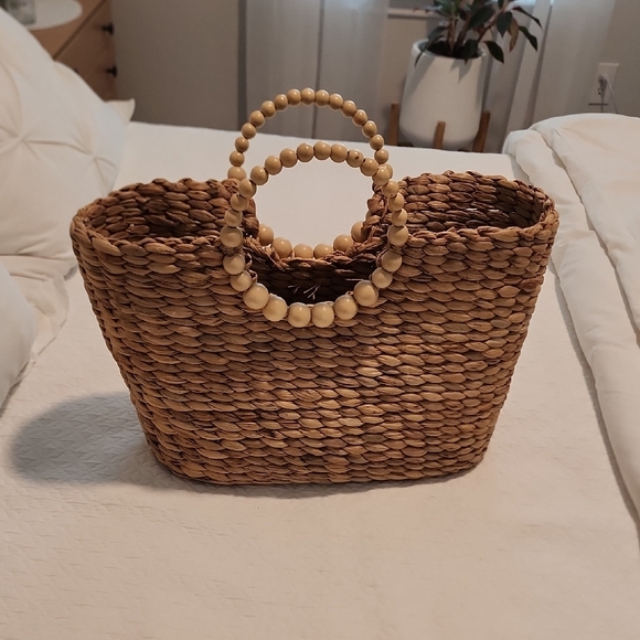 a new day Handbags - a new day Natural Brown Woven Tote with Beaded Handles